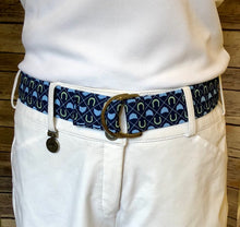 Load image into Gallery viewer, Navy Hunt Caps and Horseshoes Fabric Belt
